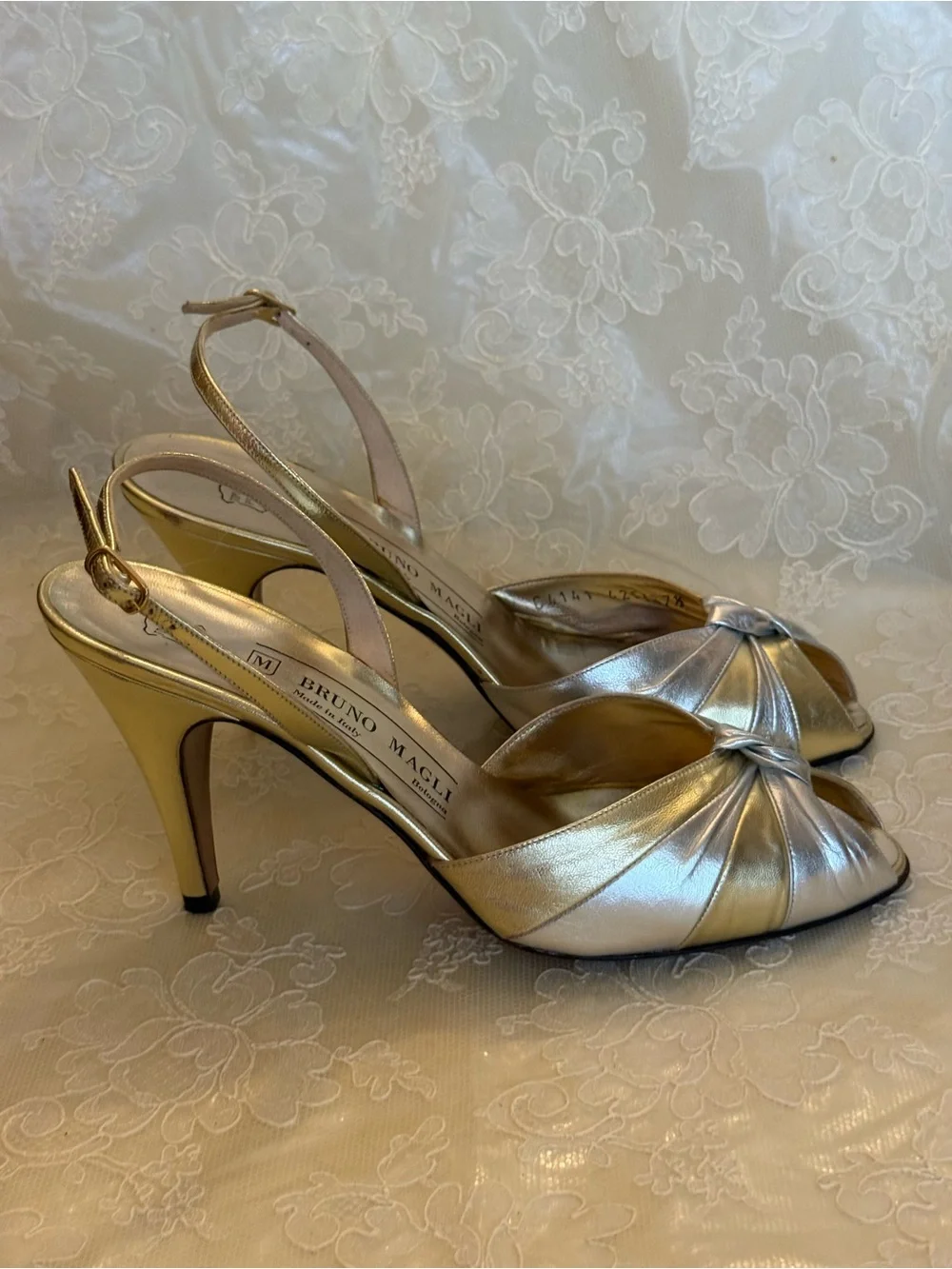 Bruno Magli Metallic Silver and Gold Knot Peep-Toe Slingback Vintage Heels